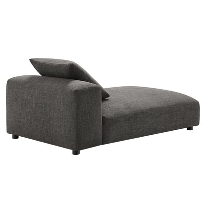 Charcoal gray fabric chaise lounge with back cushion and low legs, modern living-room seating.