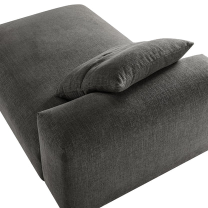 Charcoal gray fabric armless chaise lounge with a matching cushion, modern upholstered living room seating.
