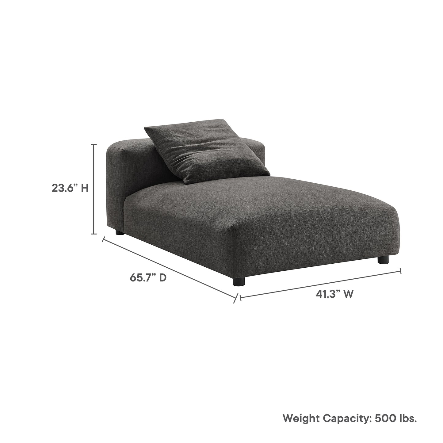 Charcoal gray fabric chaise with low back and pillow, 41.3 W x 65.7 D x 23.6 H; 500 lbs capacity.