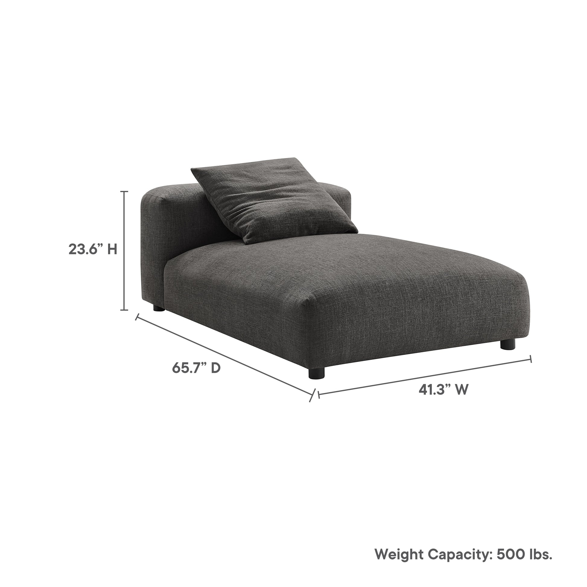 Charcoal gray fabric chaise with low back and pillow, 41.3 W x 65.7 D x 23.6 H; 500 lbs capacity.