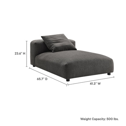 Charcoal gray fabric chaise with low back and pillow, 41.3 W x 65.7 D x 23.6 H; 500 lbs capacity.