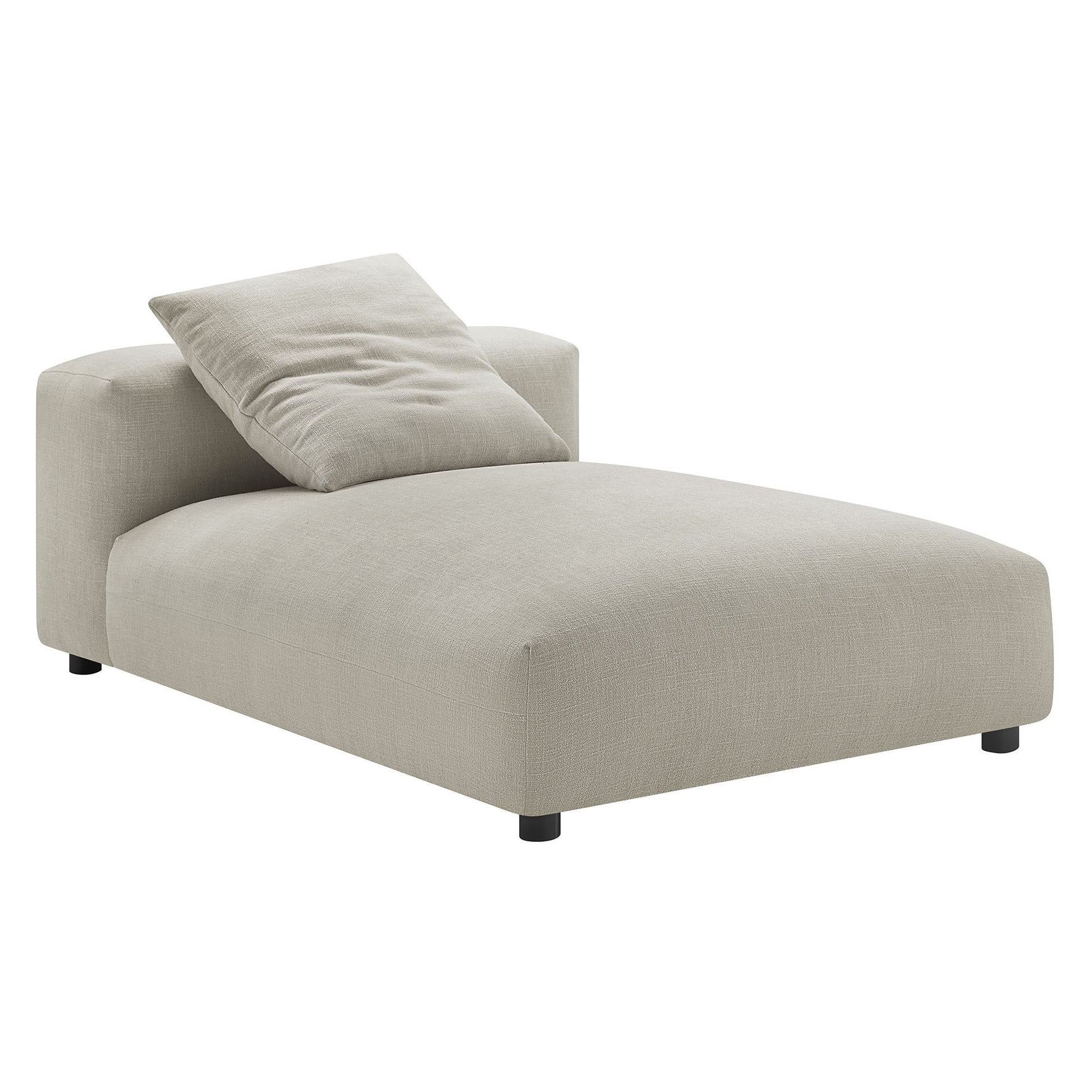 Beige linen chaise lounge with low back & matching cushion, modern minimalist style & short black legs.