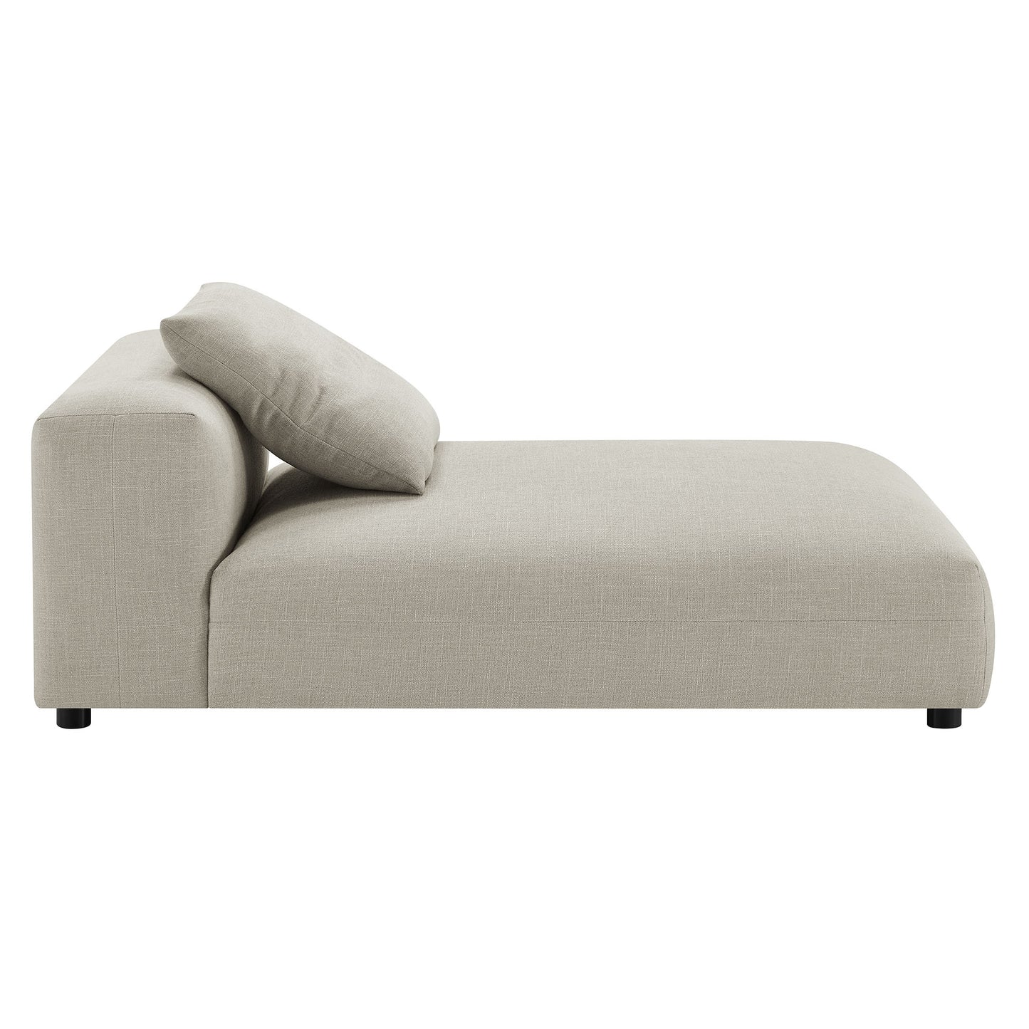 Brown modular fabric sectional with chaise, low back, long cushioned seat, & matching throw cushions; modern minimalist design.