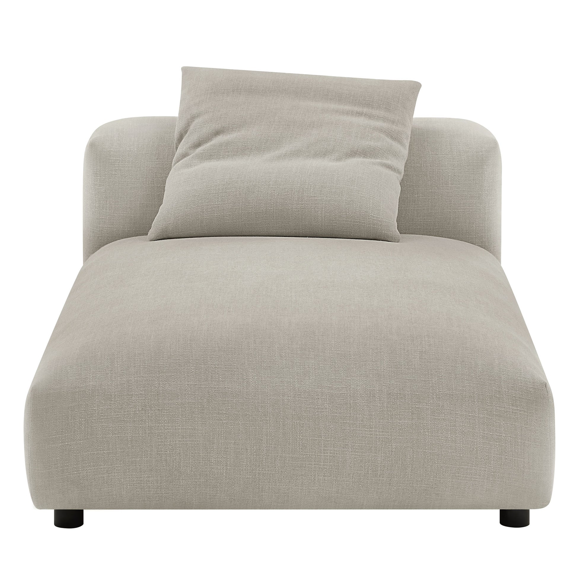 Beige linen armless chaise lounge with a back cushion; modern minimalist seating.