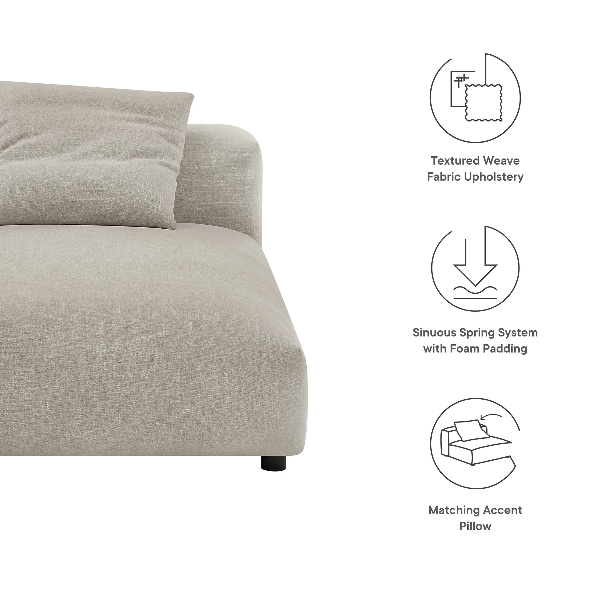 Brown textured fabric armless chaise lounge with a matching accent pillow; low-profile design, foam-padded sinuous spring system.