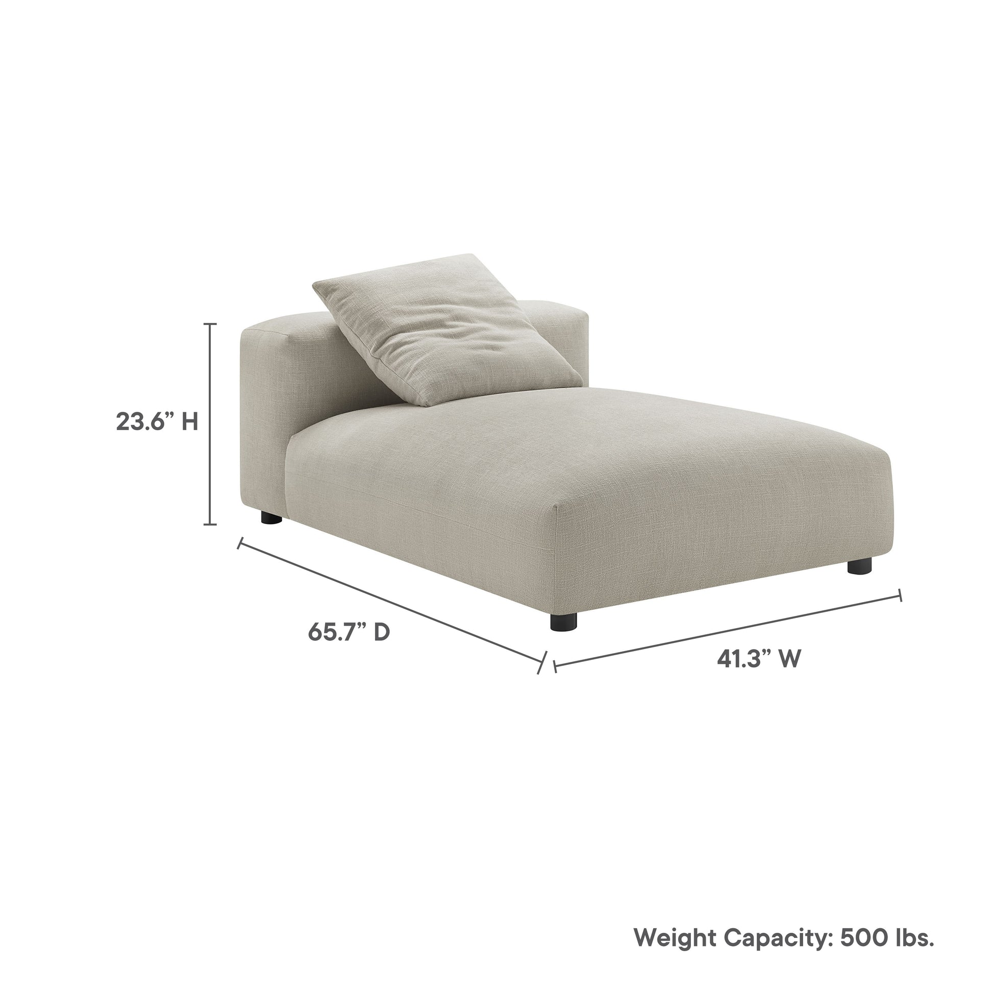 Brown fabric chaise lounge with pillow, armless design with a low back, rectangular cushion, black feet; 41.3W x 65.7D x 23.6H