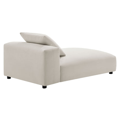 Gray fabric armless chaise lounge with long seat and removable back pillow; modern minimalist design.