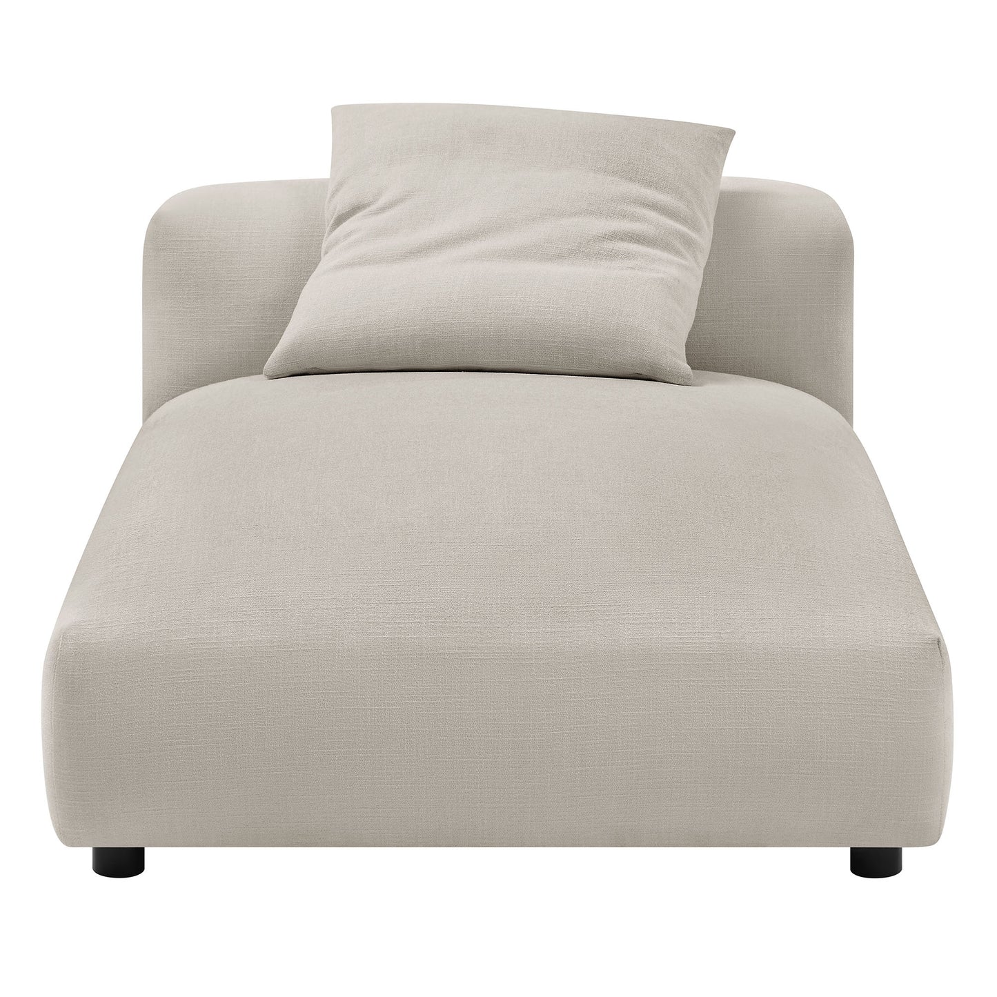 Gray fabric armless chaise lounge with low-profile design, rounded back, matching cushion, and small black legs.