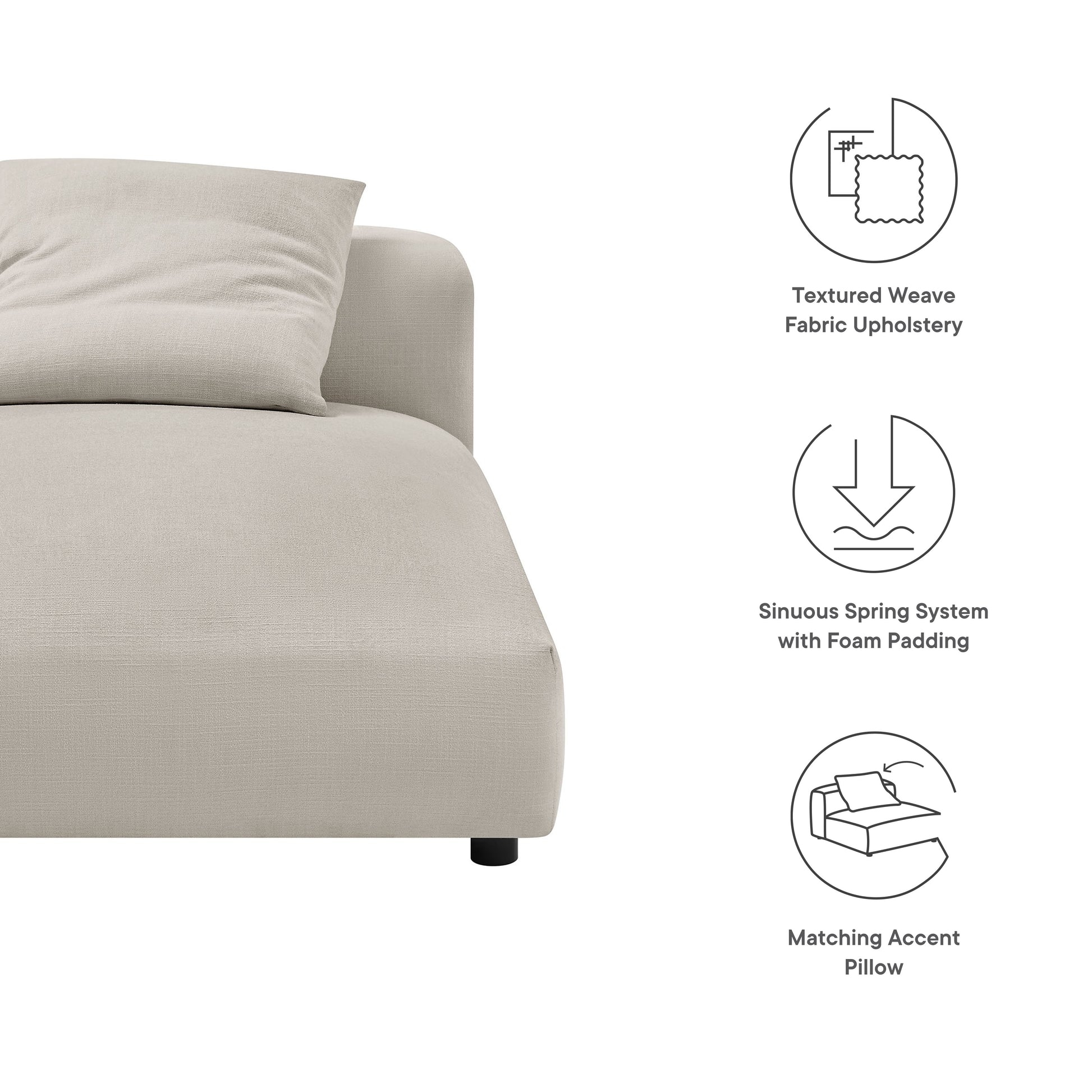 Gray textured fabric modular armless chaise lounge with foam-padded cushions.