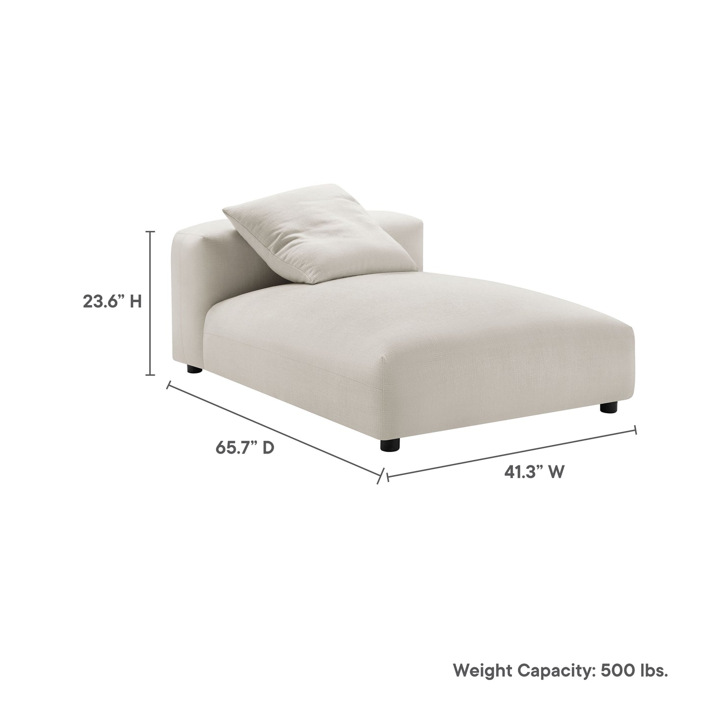 Gray fabric armless chaise lounge with back cushion, modern low-profile design for living room lounging.