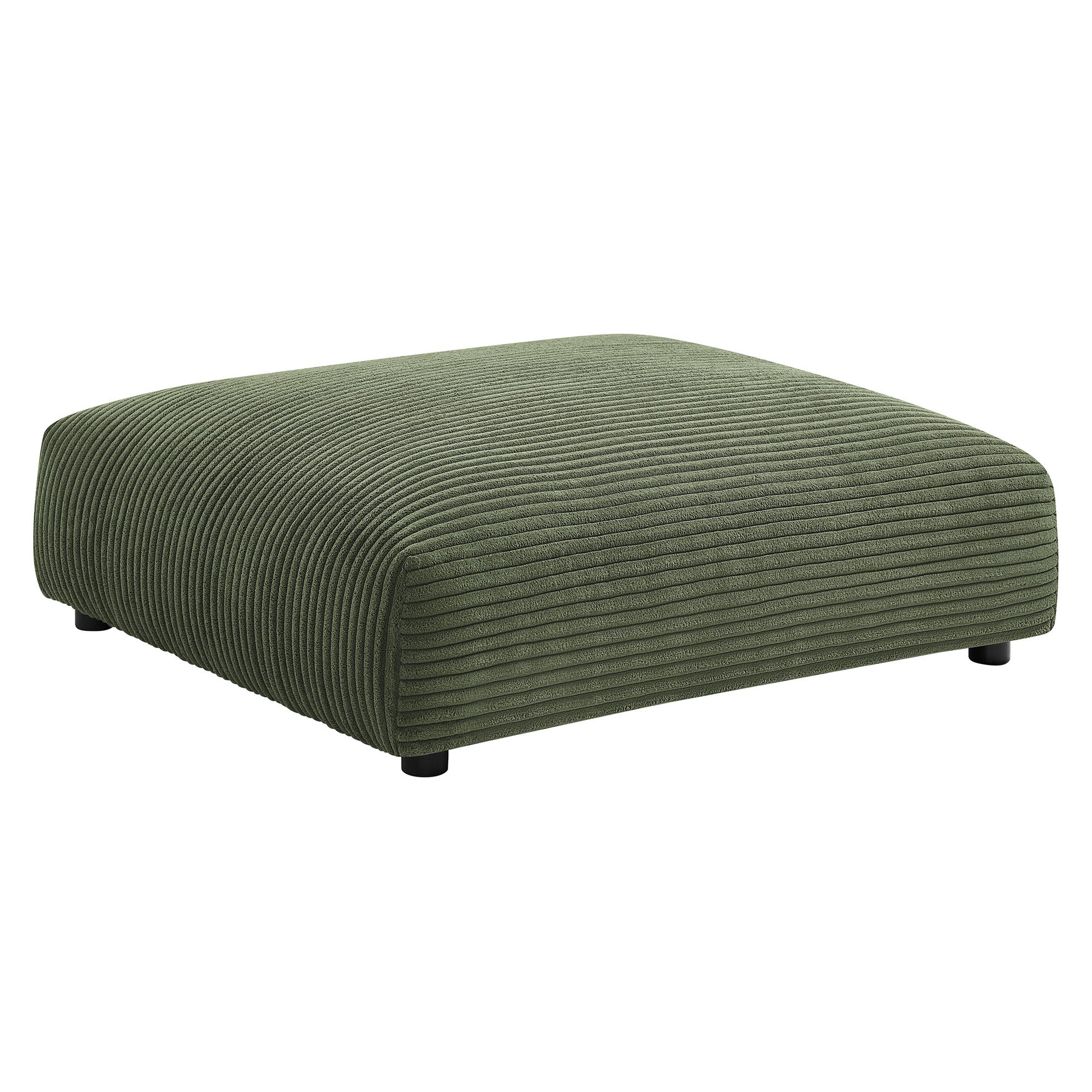 Olive green corduroy modular sectional sofa with ottoman; ribbed rectangular cushions with small black feet.