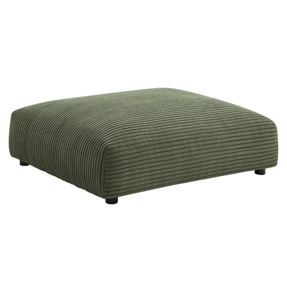 Olive green corduroy modular sectional sofa with ottoman; ribbed rectangular cushions with small black feet.