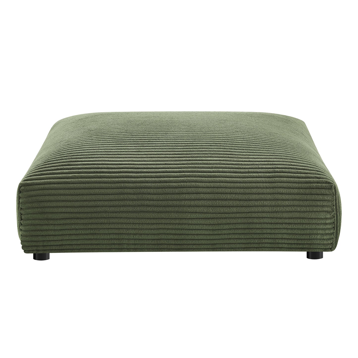 Olive green corduroy ottoman with ribbed texture, low rectangular footstool for living room seating.