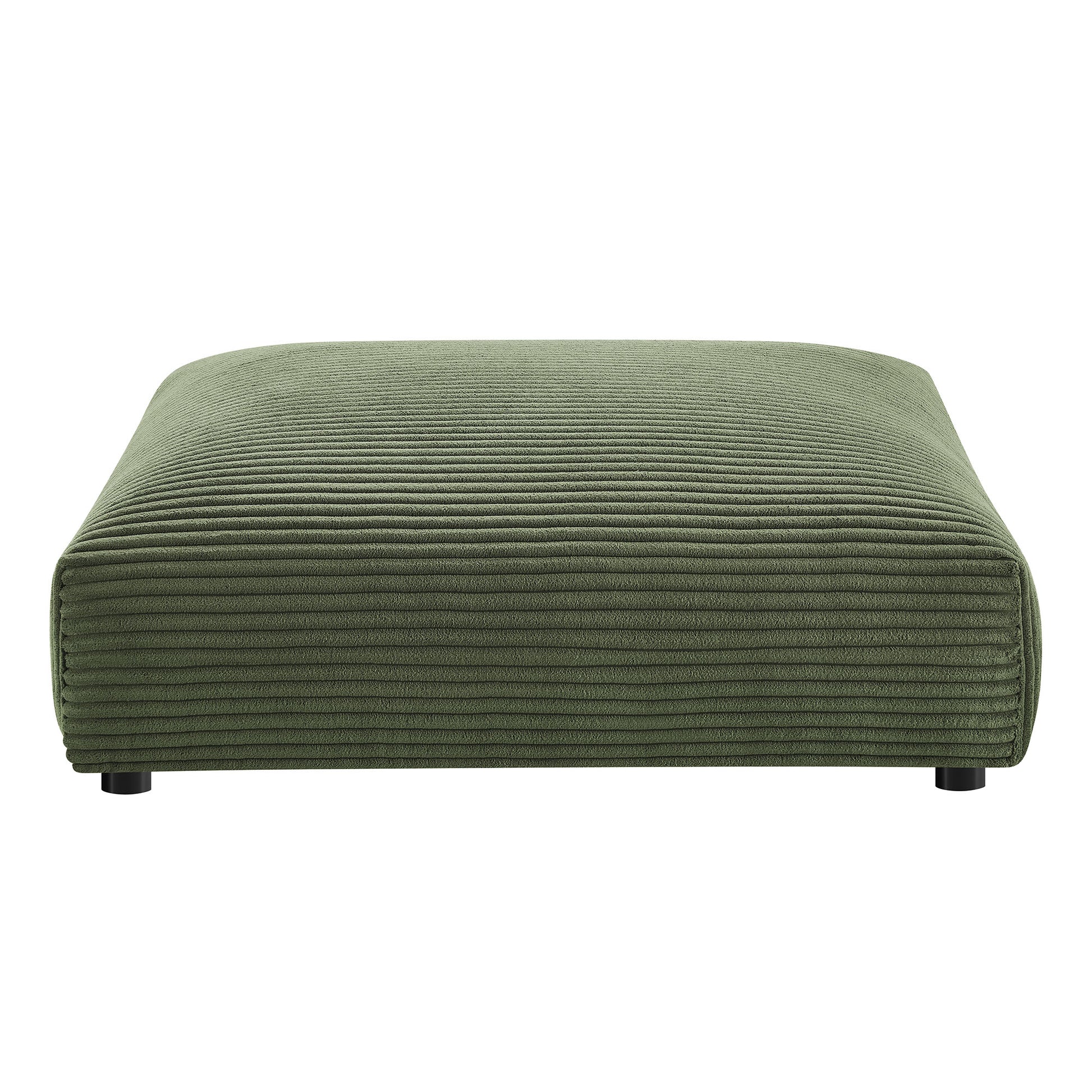 Olive green corduroy ottoman with ribbed texture, low rectangular footstool for living room seating.
