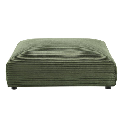 Olive green corduroy ottoman with ribbed texture, low rectangular footstool for living room seating.