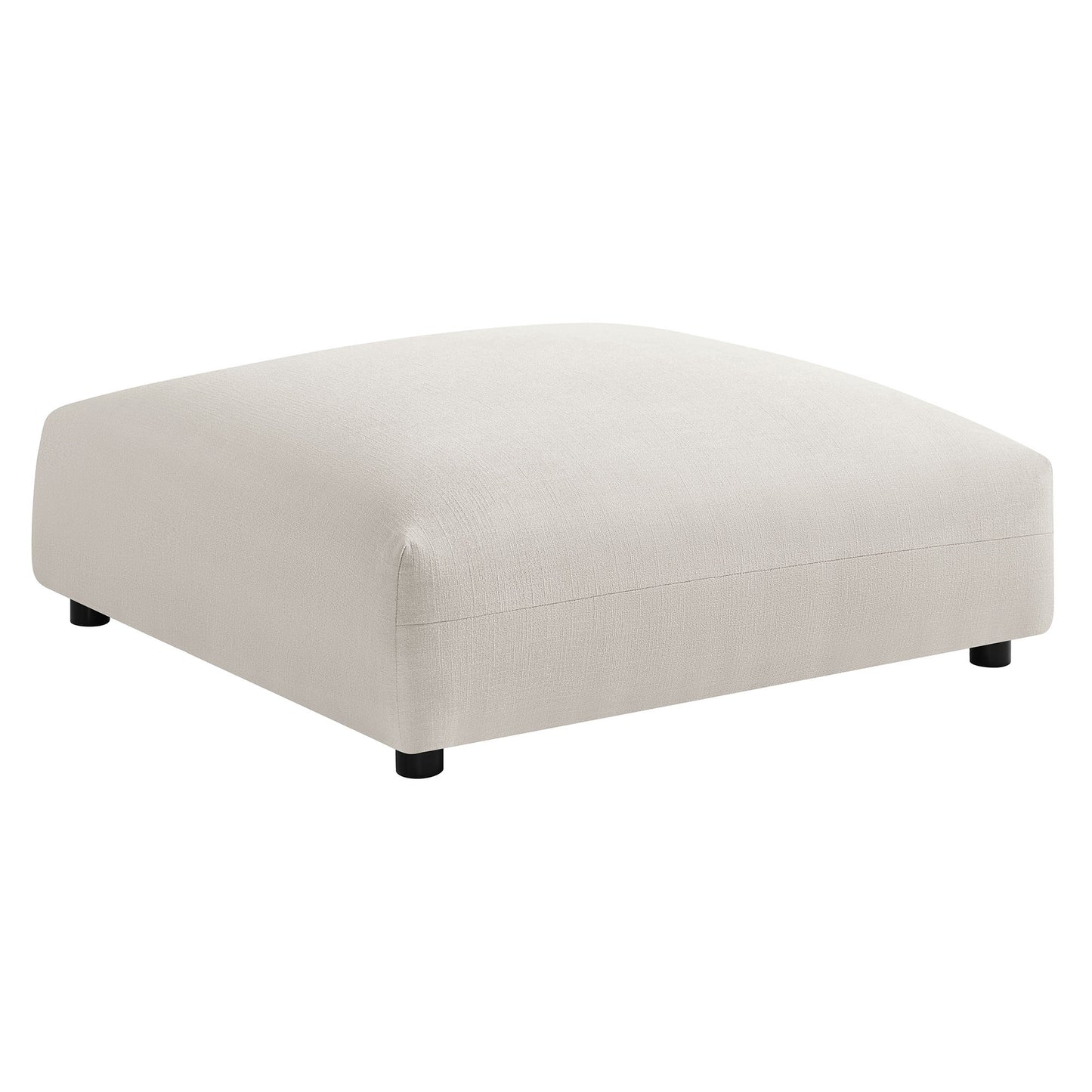 Gray fabric upholstered square ottoman with rounded edges and black short legs, versatile living room footstool.