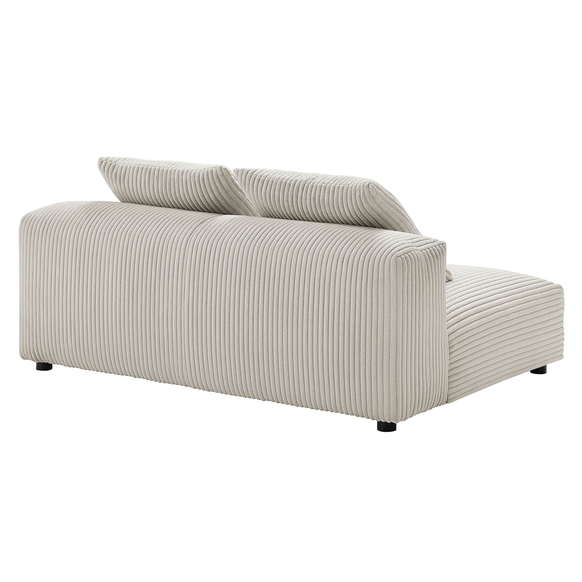 Brown ribbed corduroy armless loveseat with two back cushions and low black legs.
