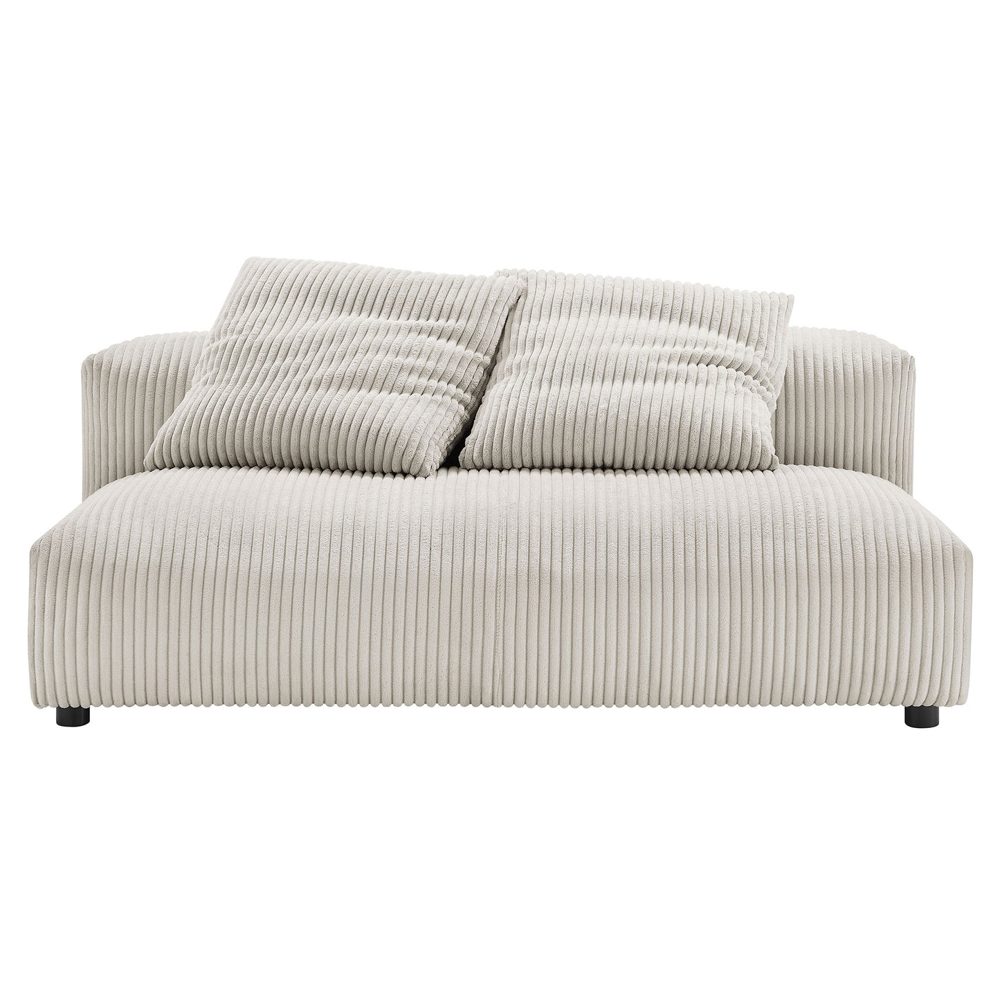 Brown corduroy armless loveseat with ribbed fabric and two matching cushions.