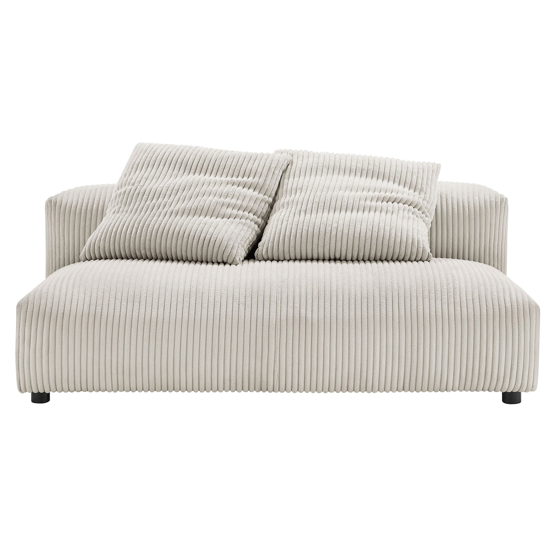 Brown corduroy armless loveseat with ribbed fabric and two matching cushions.