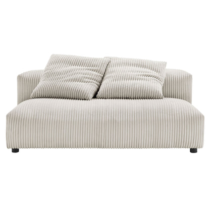 Brown corduroy armless loveseat with ribbed fabric and two matching cushions.