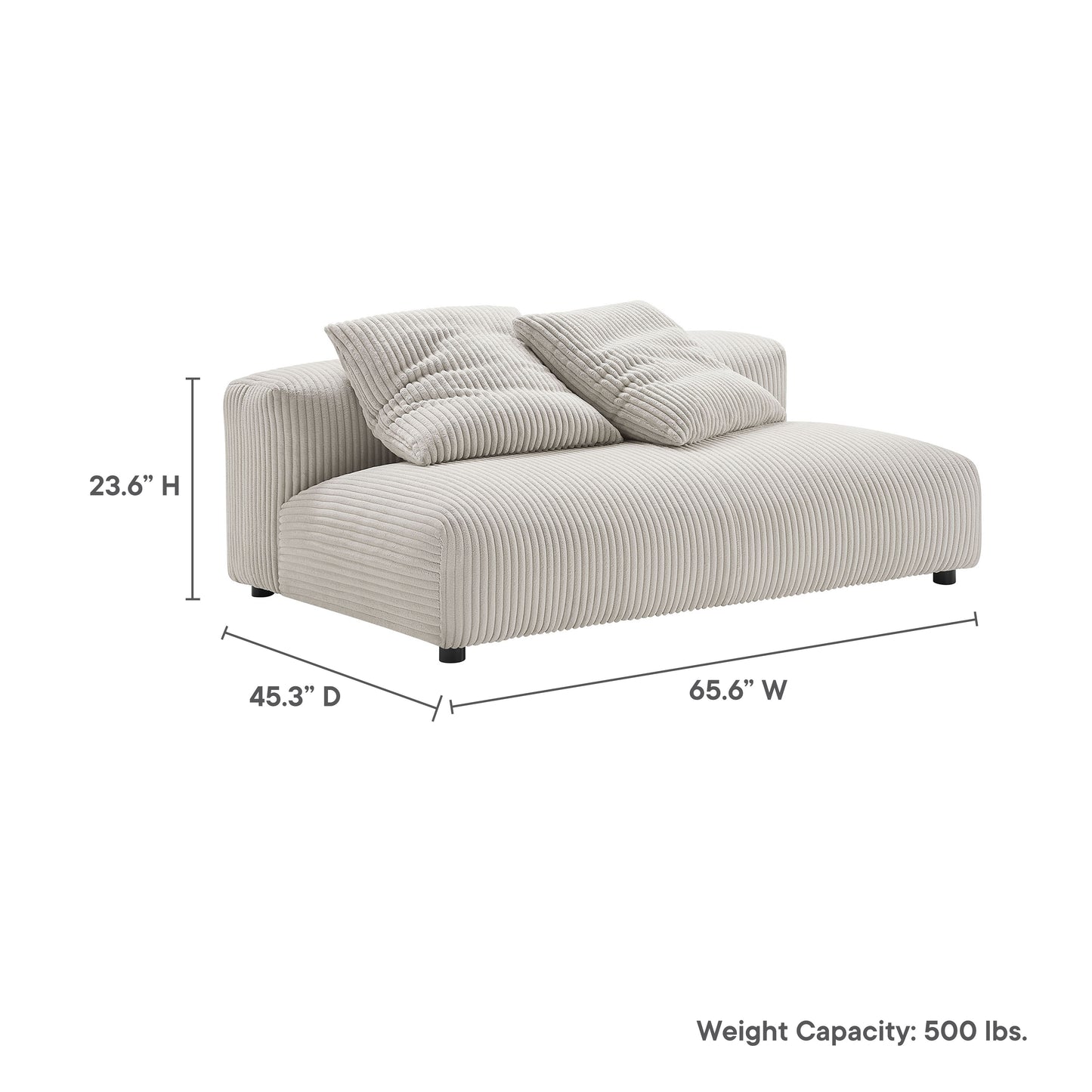 Brown corduroy upholstered armless loveseat with two matching cushions; modern low-profile modular design, 65.6W x 45.3D x 23.6H, 500 lb capacity