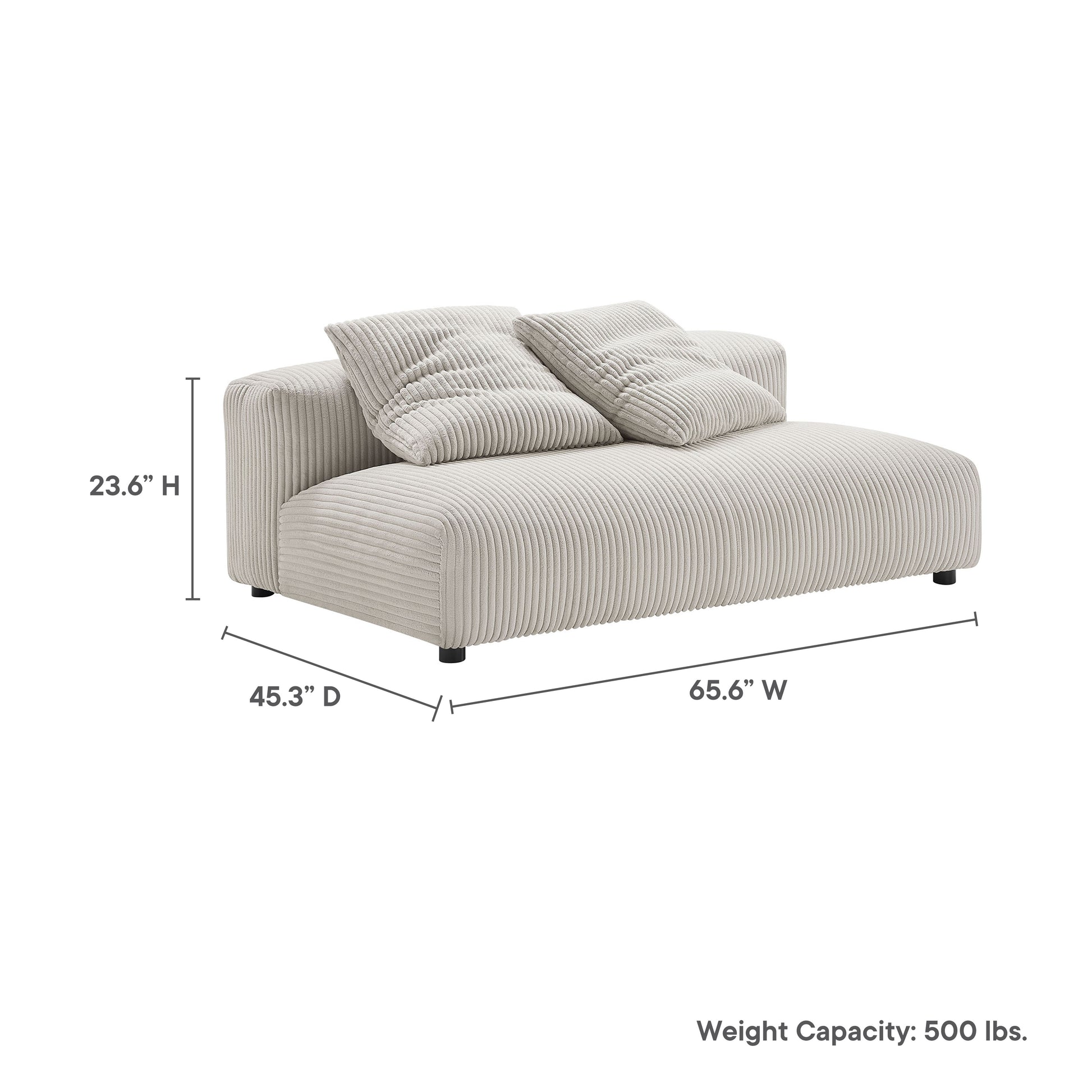 Brown corduroy upholstered armless loveseat with two matching cushions; modern low-profile modular design, 65.6W x 45.3D x 23.6H, 500 lb capacity