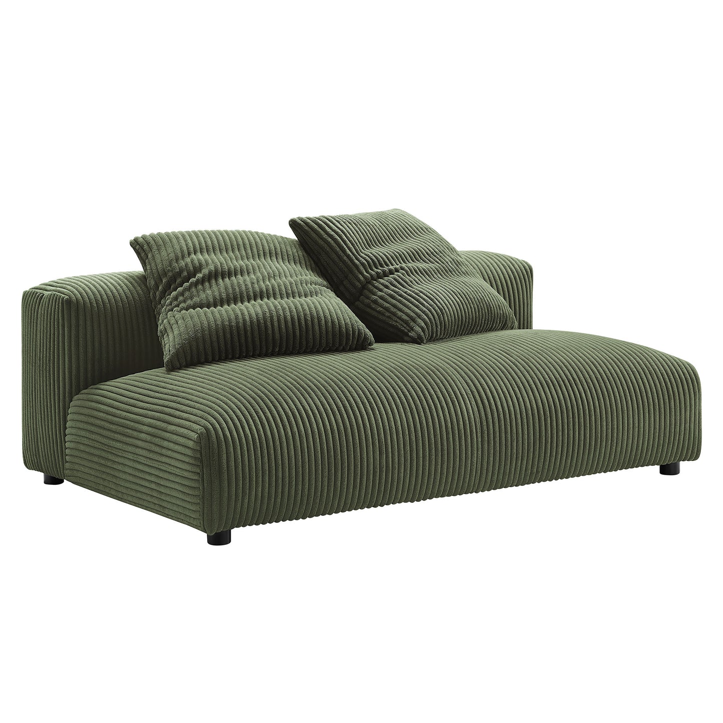 Olive green corduroy 4-piece modular sectional sofa with ottoman, ribbed texture and cushions.