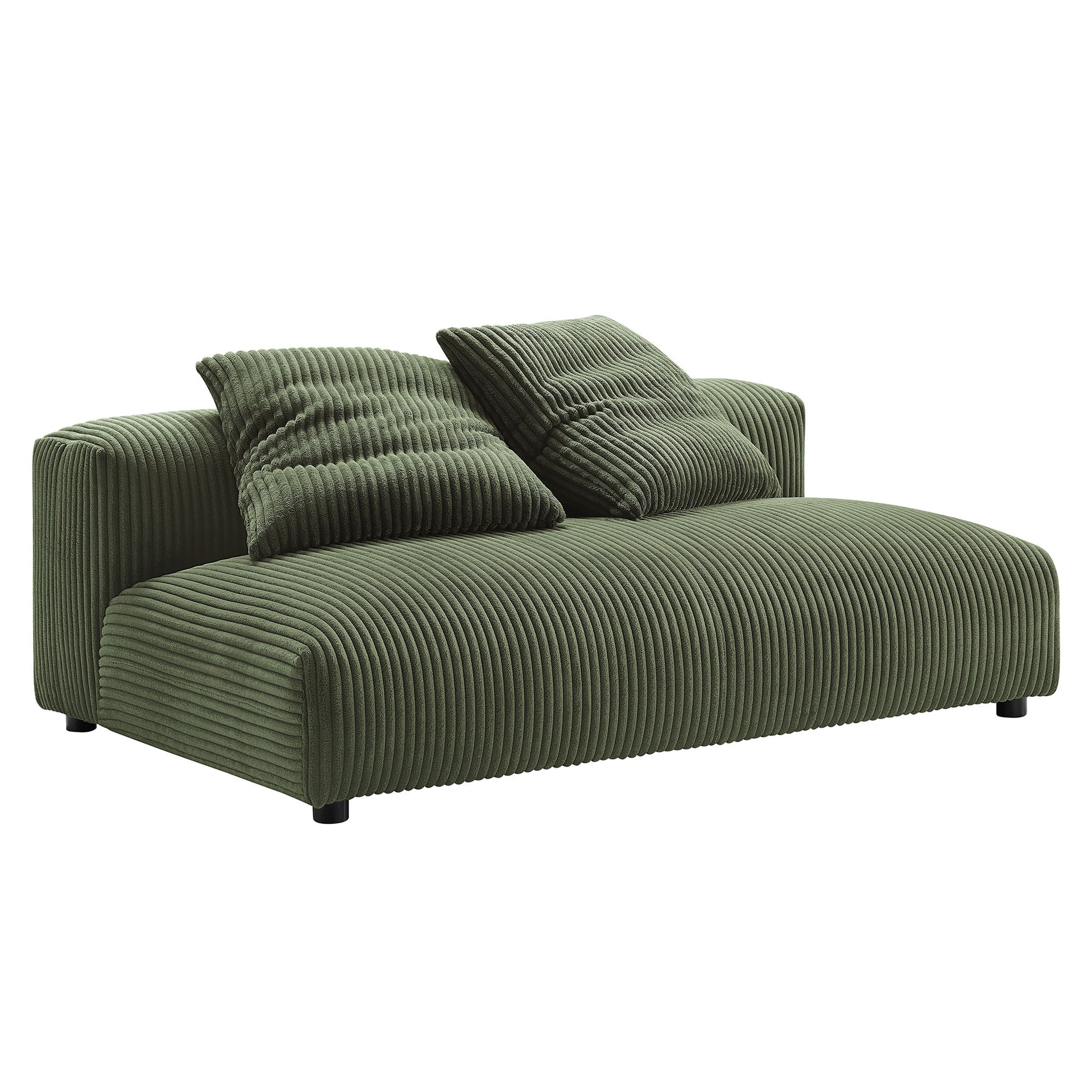 Olive green corduroy 4-piece modular sectional sofa with ottoman, ribbed texture and cushions.