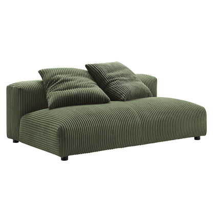 Olive green corduroy 4-piece modular sectional sofa with ottoman, ribbed texture and cushions.