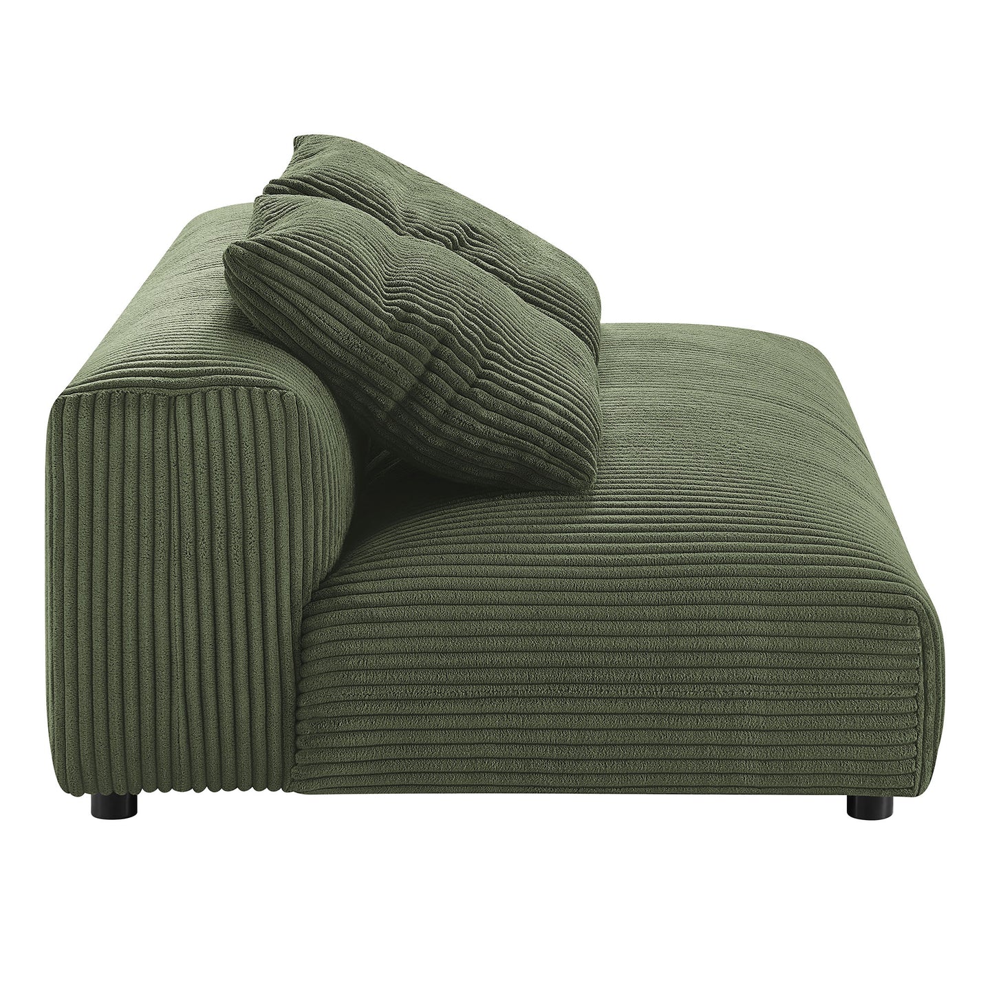 Olive green corduroy chaise sofa with ribbed texture and two matching cushions.