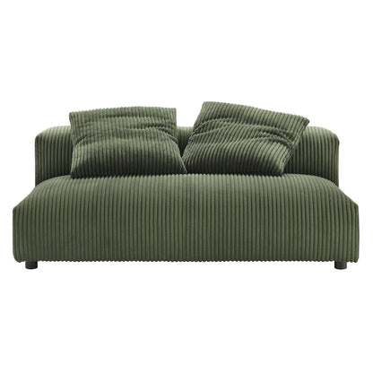 Olive-green corduroy armless loveseat and ottoman set with ribbed texture and two matching cushions.
