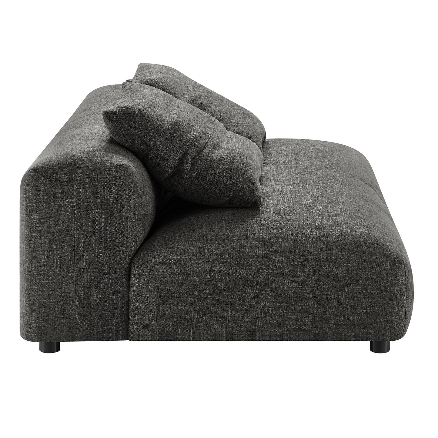 Charcoal gray fabric armless loveseat and ottoman set with low legs and two matching back cushions