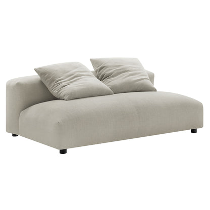 Brown fabric modular sectional sofa with chaise, two matching throw pillows, low-profile modern design, four black legs.