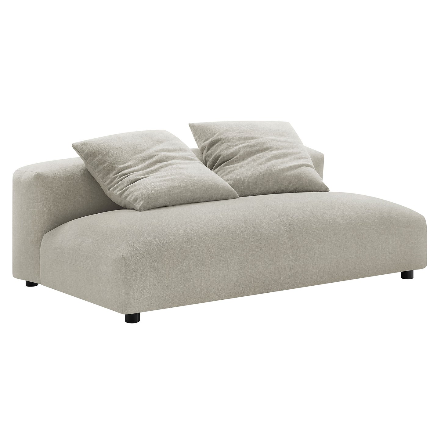 Brown fabric 4-piece modular sectional sofa with ottoman, featuring matching cushions; low-profile armless modules on short black feet.