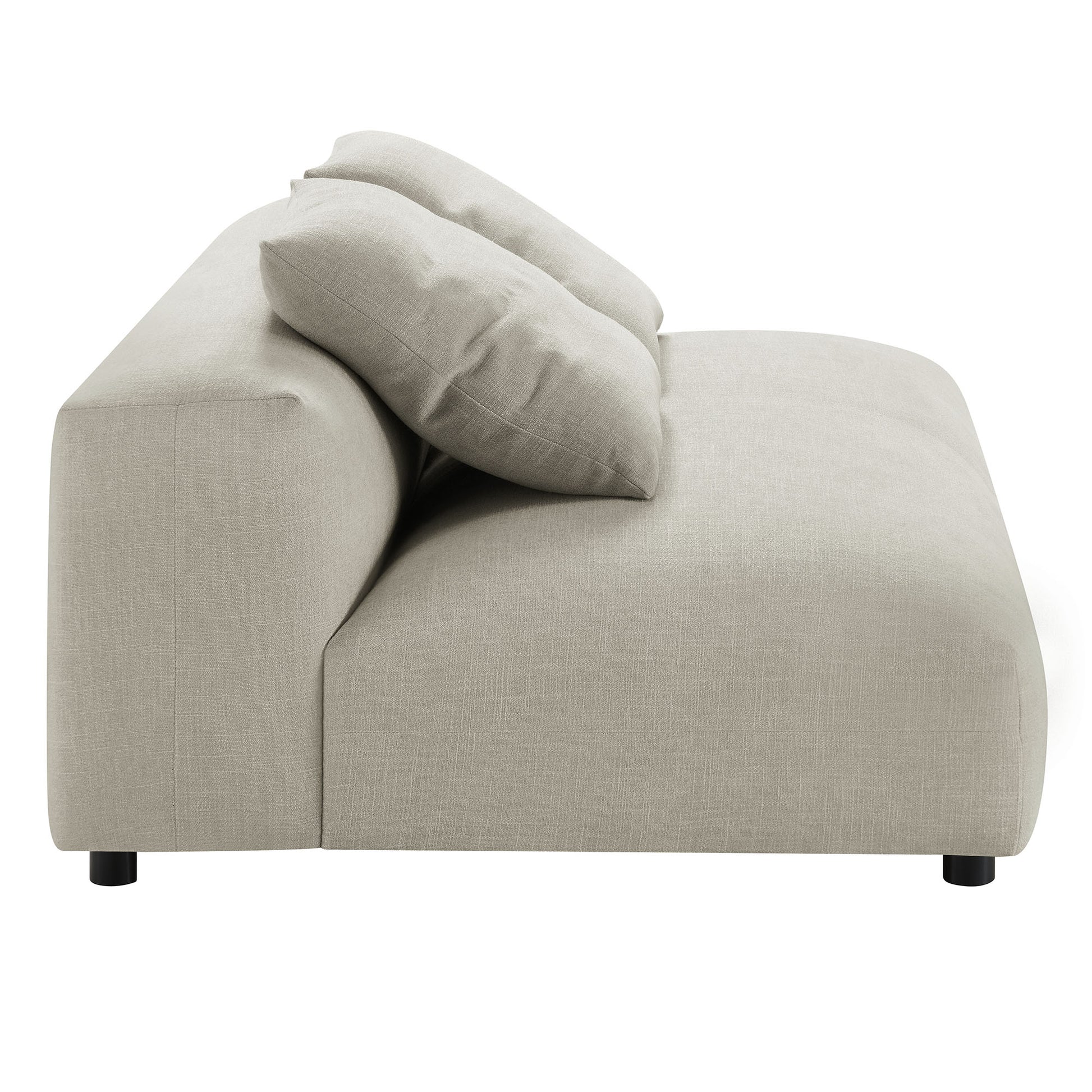 Brown fabric 2-piece modular sectional sofa with chaise, featuring a thick seat cushion and two loose back pillows.