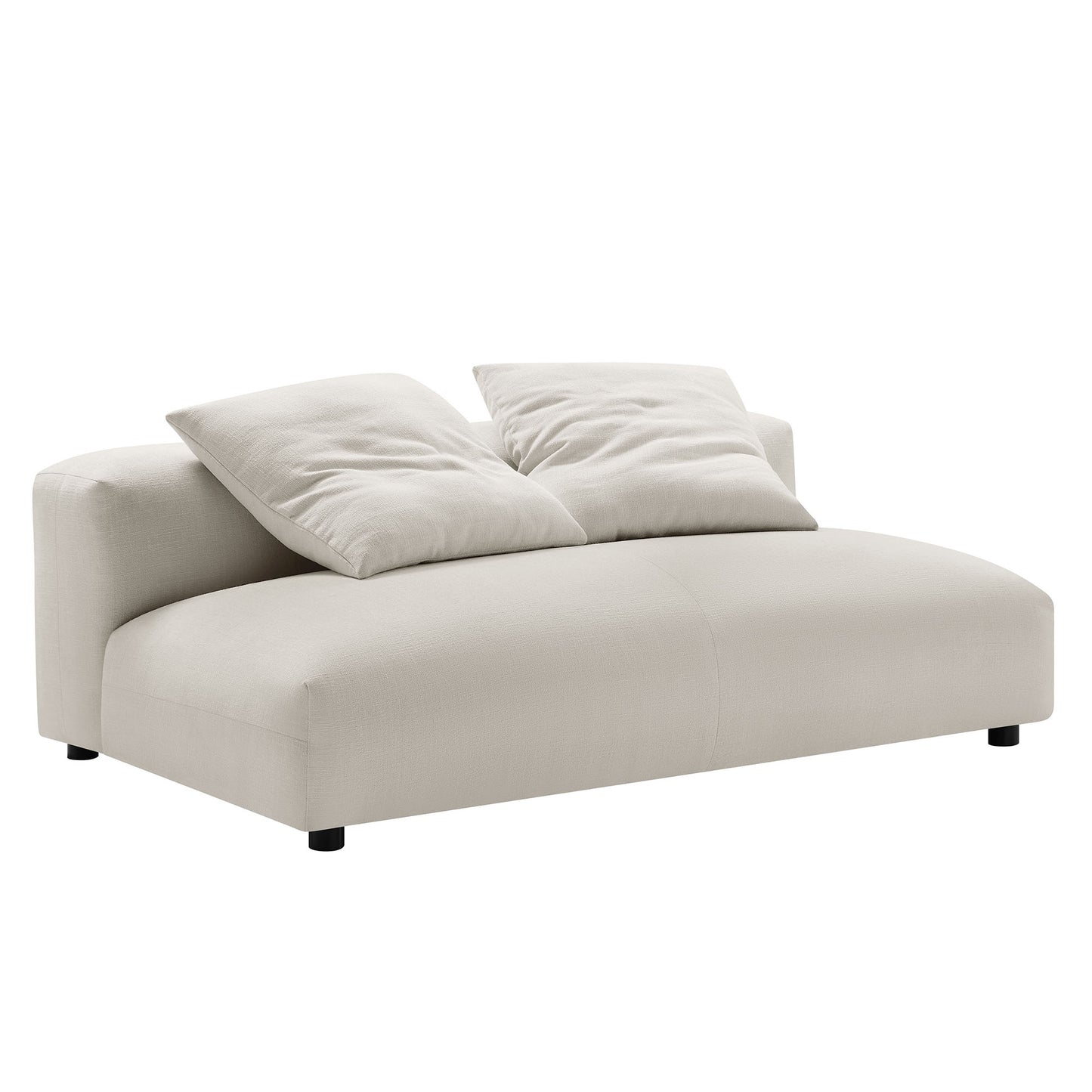 Gray fabric armless loveseat with ottoman in a modular set; two plush cushions, rounded edges, low-profile contemporary style.