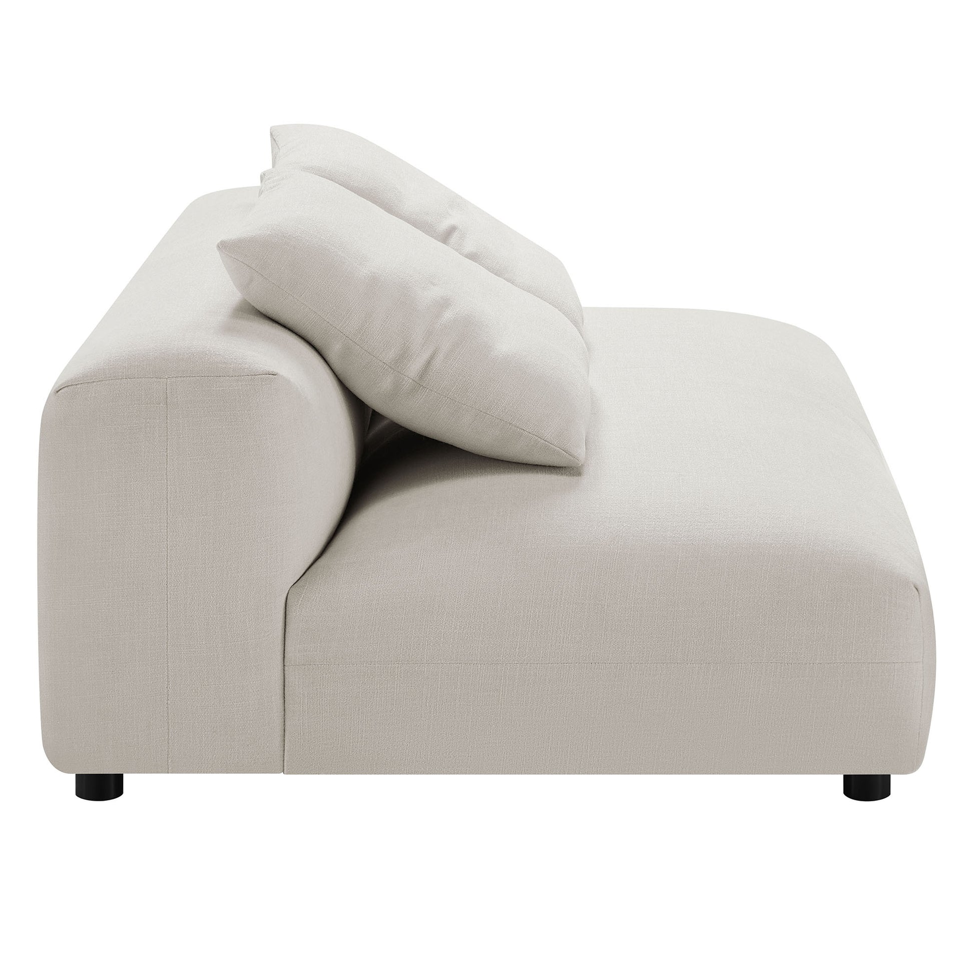 Gray fabric armless loveseat with ottoman, modular seating for the living room.