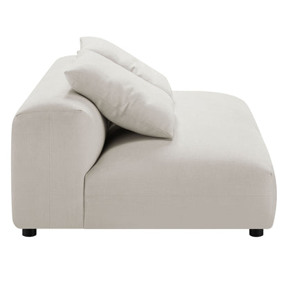 Gray fabric armless loveseat with ottoman, modular seating for the living room.