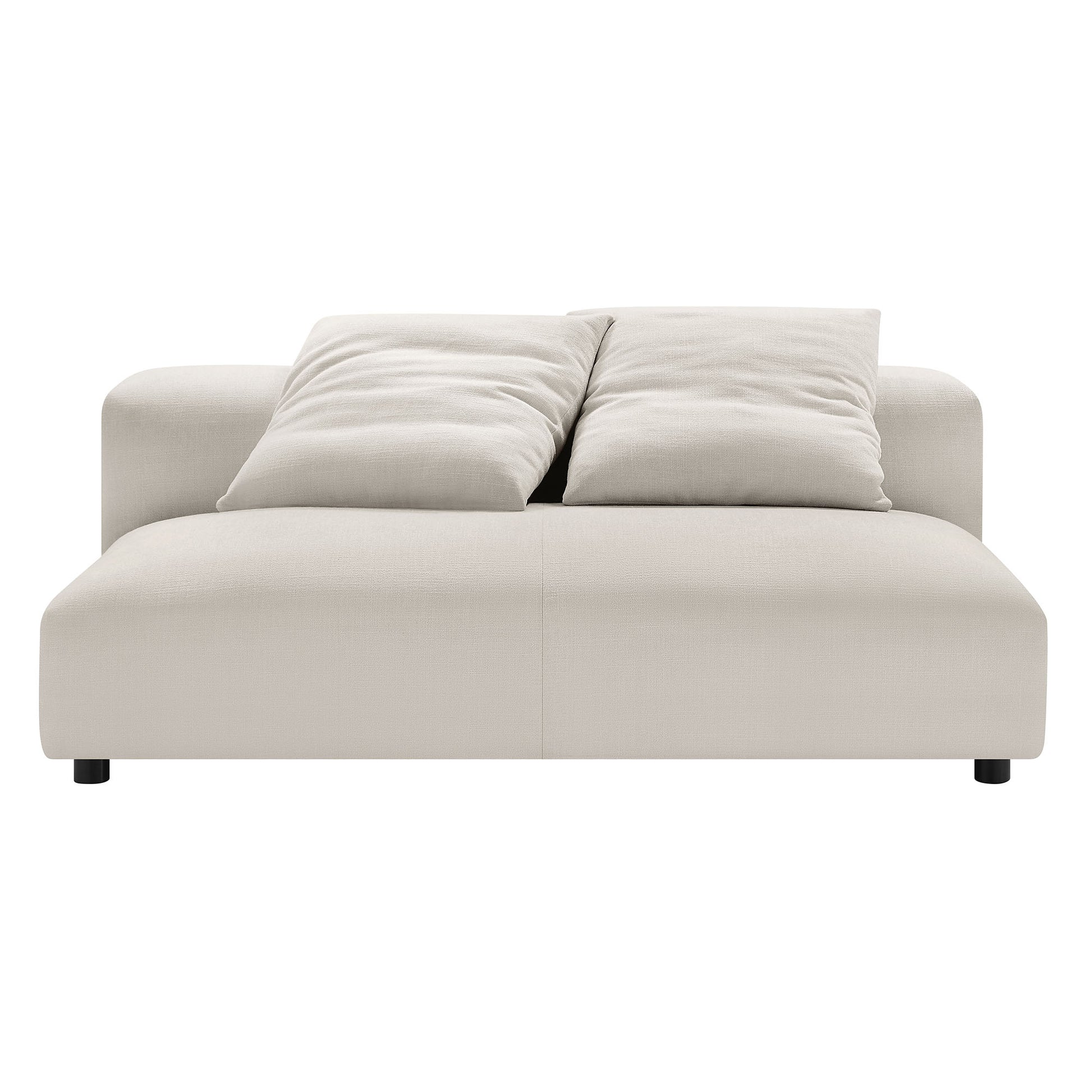 Gray modular armless loveseat and ottoman set, upholstered fabric, clean minimalist style.