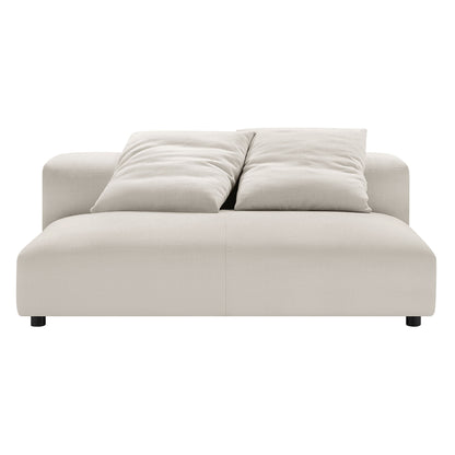 Gray modular armless loveseat and ottoman set, upholstered fabric, clean minimalist style.