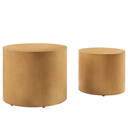 Brown round nesting coffee tables set of 2 with smooth wood grain, rounded edges and small feet.