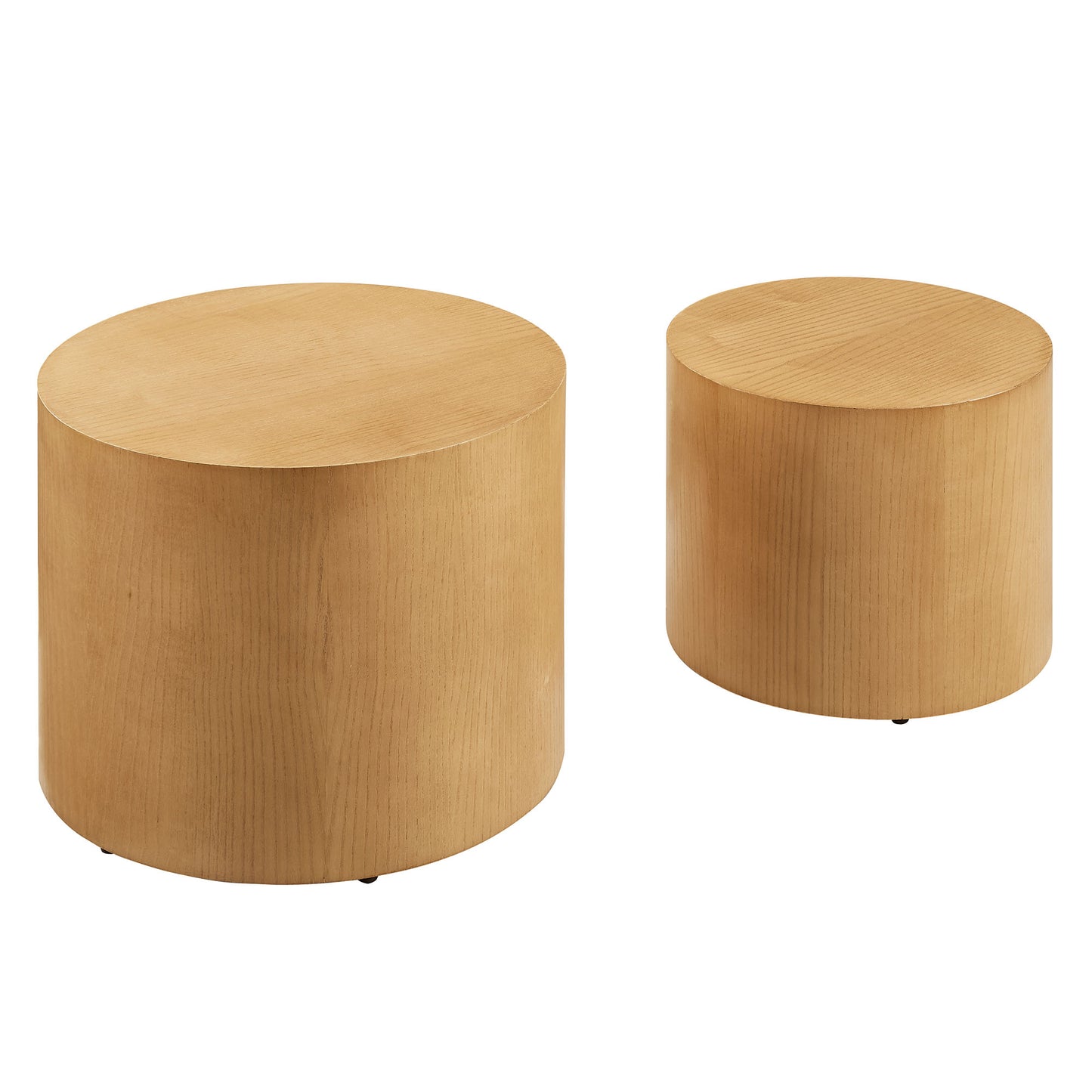 Pair of natural wood round nesting coffee tables in two heights.