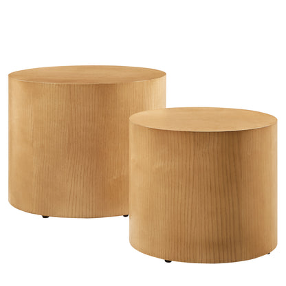 Natural wood round nesting coffee tables in two sizes, smooth grain.