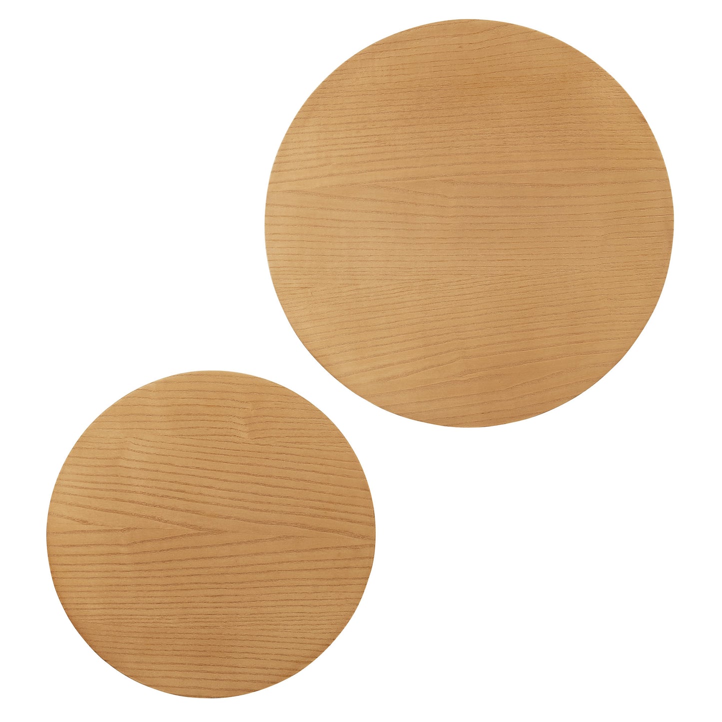 Two round natural wood nesting coffee tables in a light oak finish with visible grain.