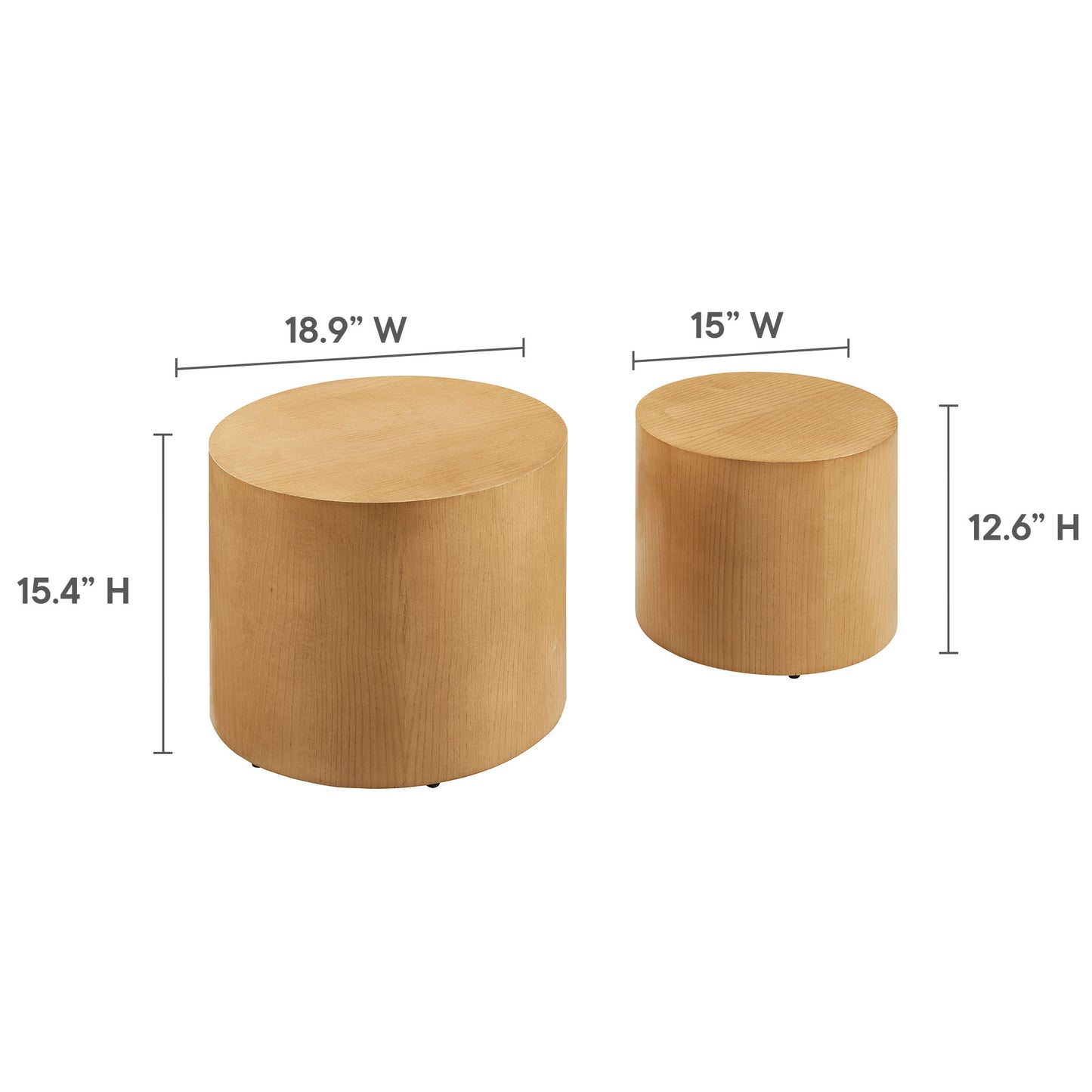 Natural wood round nesting coffee tables set of 2 in two sizes: 18.9W×15.4H and 15W×12.6H; round tops with visible grain.