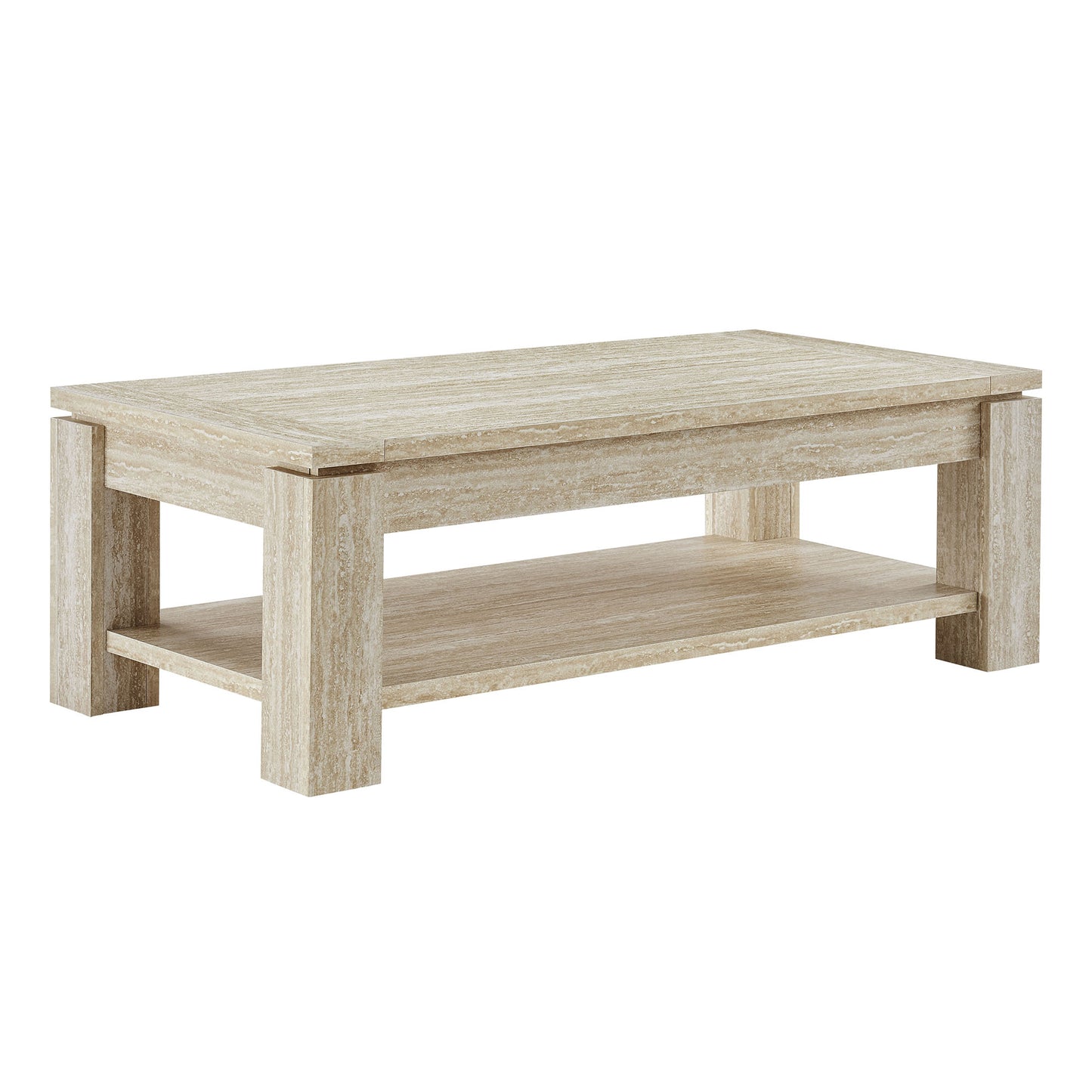 Brown travertine coffee table with lower shelf and chunky square legs.