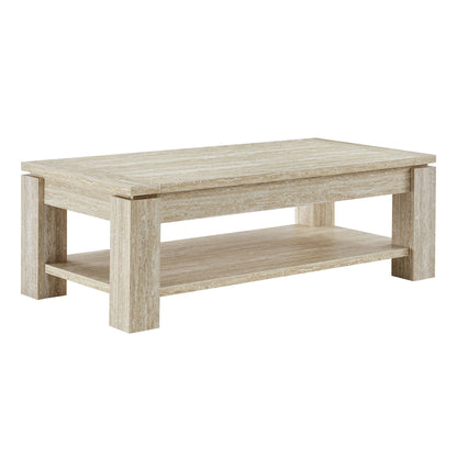 Brown travertine coffee table with lower shelf and chunky square legs.
