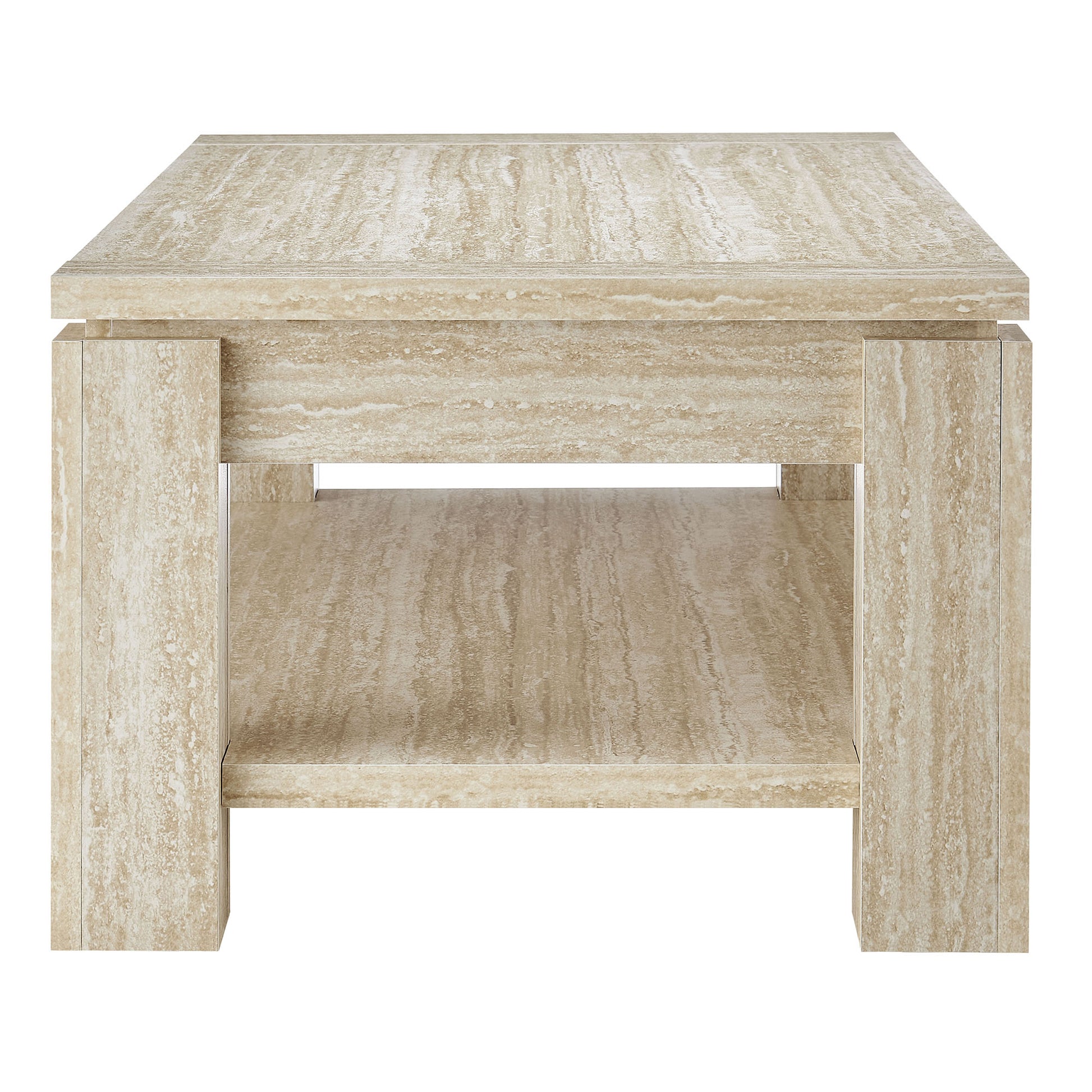 Beige travertine-look rectangular coffee table with thick block legs and open lower shelf