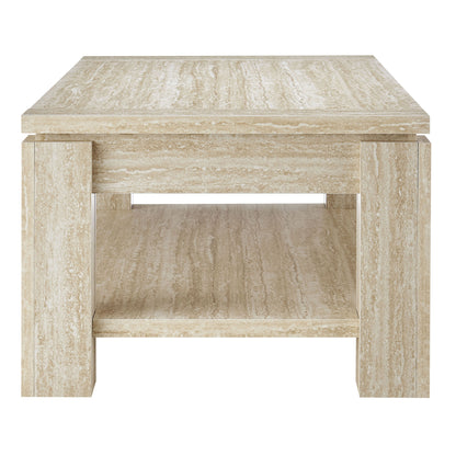 Beige travertine-look rectangular coffee table with thick block legs and open lower shelf
