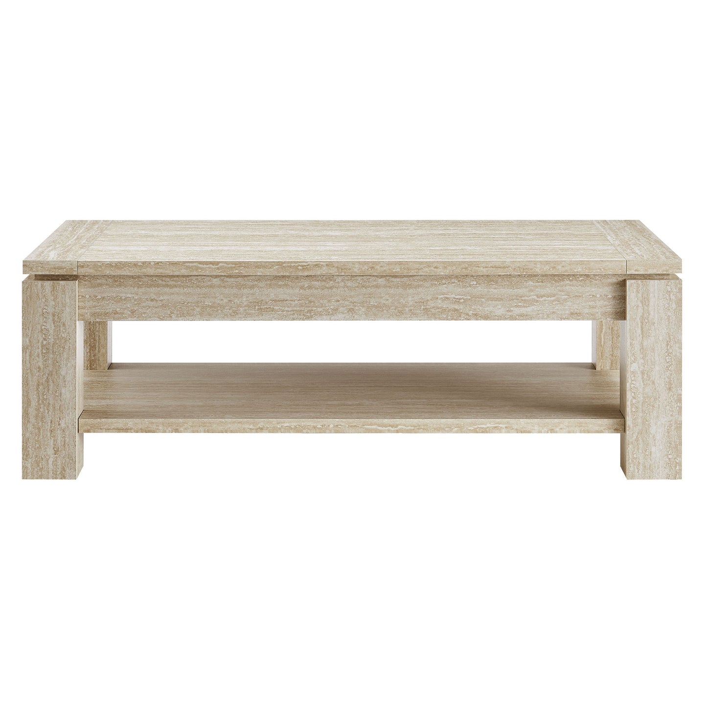 Light tan rectangular coffee table with a lower shelf and chunky square legs; travertine-style stone look.